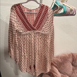 Ecote Asymmetrical Pink and Red Tunic with Embellished V-Neck